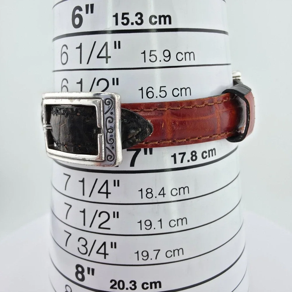 BRIGHTON 'Somerset' Watch Reversible Leather Black Brown Band Silver Plate 6.75